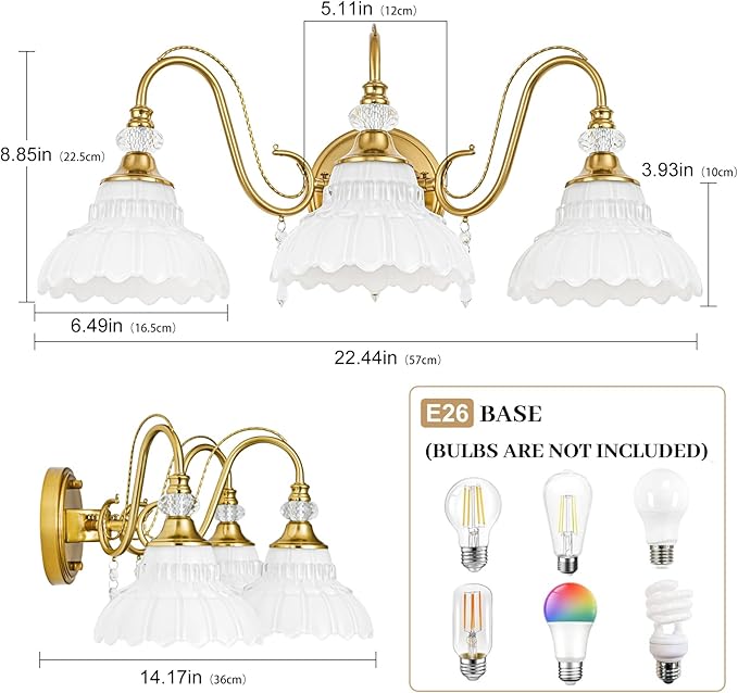 Vintage Bathroom Vanity Light, 3-Light Brushed Gold Finish Wall Sconce with Hanging Crystal Accents and Flower-Shaped White Glass Shades, Retro Wall Mount Vanity Light Over Mirror for Bathroom