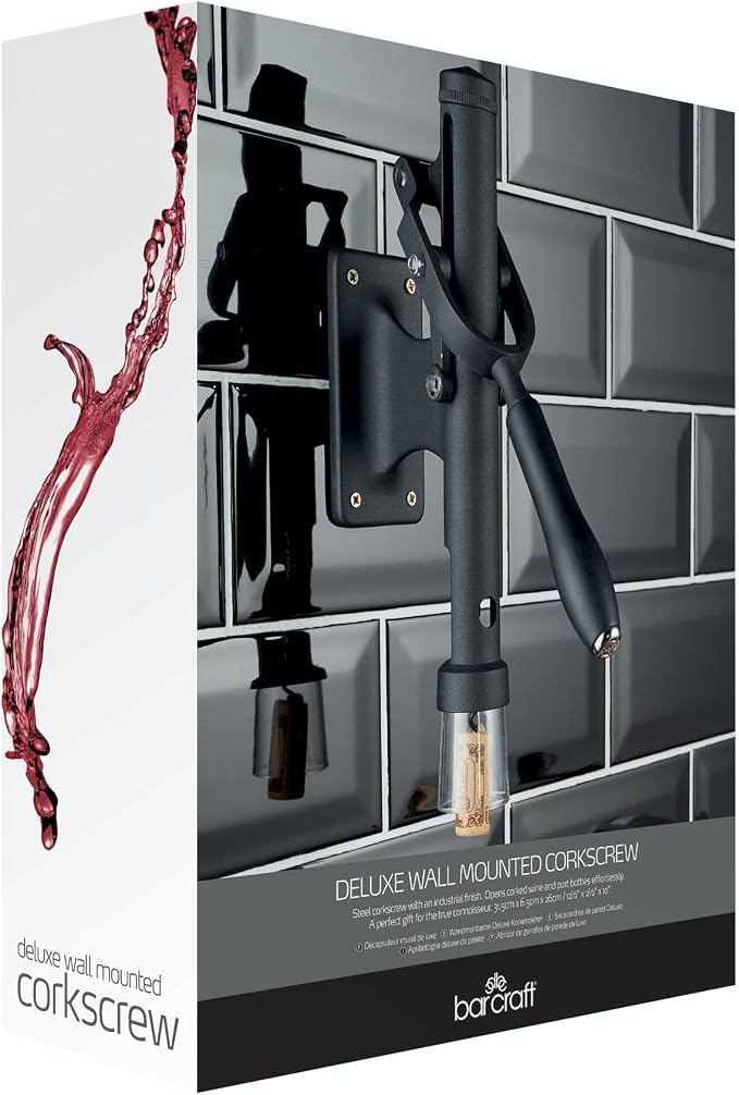 BarCraft BCWALLBO Deluxe Metal Wall-Mounted Corkscrew Bottle Opener, 31.5 x 6.5 x 26 cm (12.5" x 2.5" x 10.5") - Black, Wall Mounted