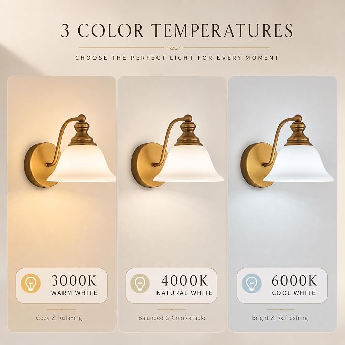 Brass Wall Sconce, 7.87" W x 7.87" H Vintage Gold Brushed Metal Wall Lighting, E26 Bulb Base, Farmhouse Wall Lamp for Hallway, Bedside, Corridor, Bedroom, Bathroom Vanity (Bulb Not Inclu