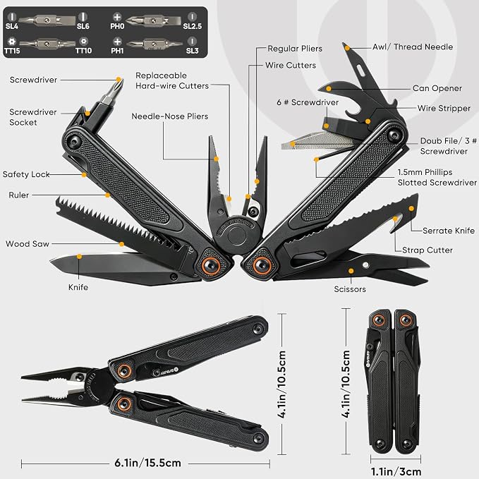 BIBURY Lightweight G10 Handle Multitool Pliers, 25-in-1 EDC Multi Tool with Replaceable Wire Cutters, Scissors, One-Hand Opening Pocket Knife Survival Tools for Camping, Repair,Survival -BI2048B