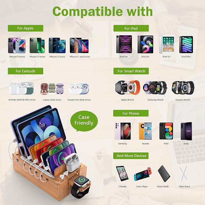 Pezin & Hulin Bamboo Charging Station for Multiple Devices with 5 Port USB Charger, 5 Cables and Watch Stand. Wood Desktop Docking Stations Organizer for Cell Phone, Tablet, Watch, Office Accessories | All-in-One, 5-Port USB HUB Included, 8-Device Orga...