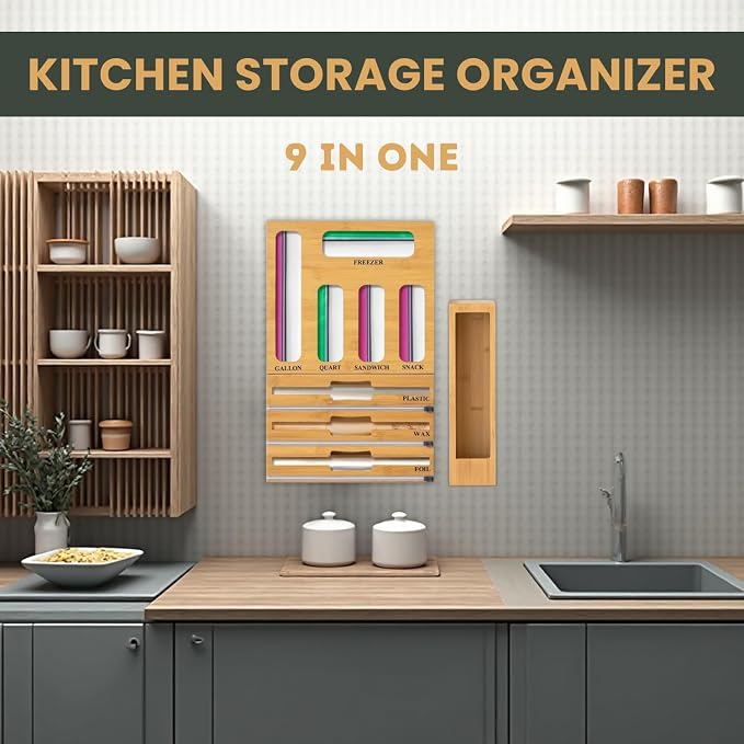 KALUHA Ziplock Bag Organizer Bamboo 9-in-1 | Gallon Quart Sandwich Snack Baggie Organizer for Drawer | Aluminum Foil Plastic Wrap Wax Paper Organizer | Zip Lock Bag Organizer for Kitchen Storage