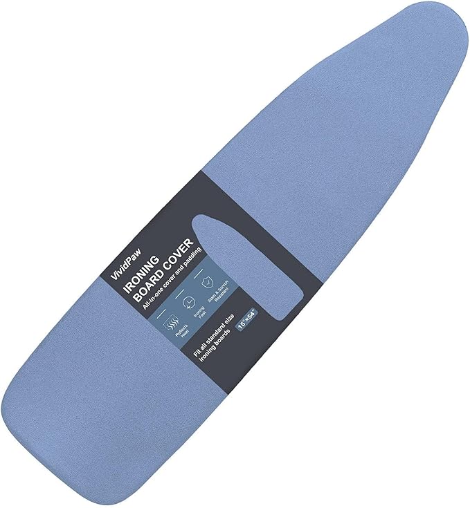 VividPaw Ironing Board Cover and Pad, Standard Size 15x54, Thick Padding, Elastic Edge, Silicone Coated, Resist Scorching, Adjustable Fastener, Heavy Duty Padded Iron Board Covers (Blue)