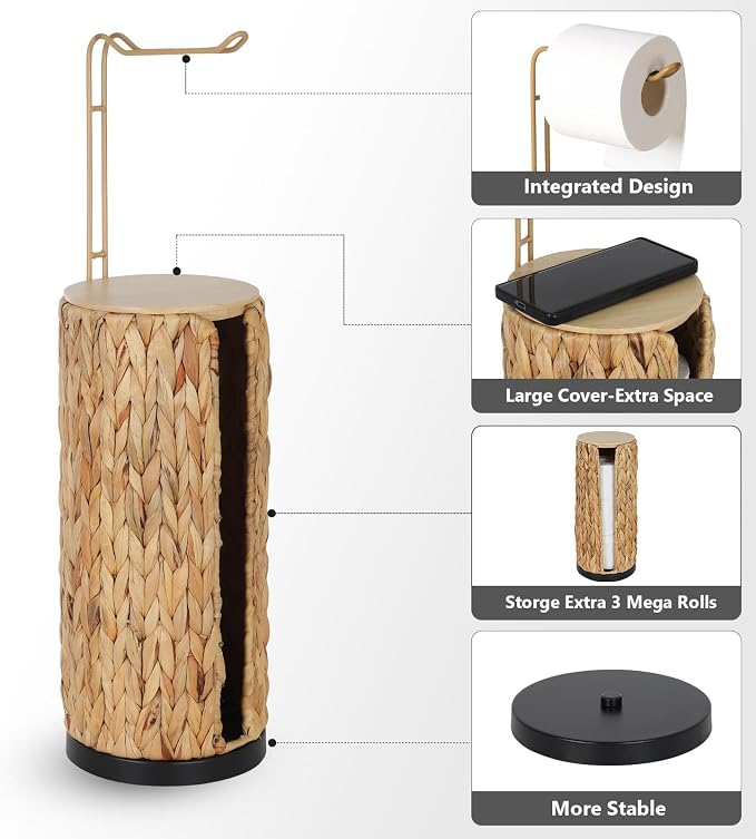 Freestanding Toilet Paper Holder with Storage,3 Rolls of Tissue Holder for Bathroom,Handmade Woven Toilet Paper Roll Holder Stand,Water Hyacinth Boho Bathroom Decor Farmhouse Toilet Paper Storage