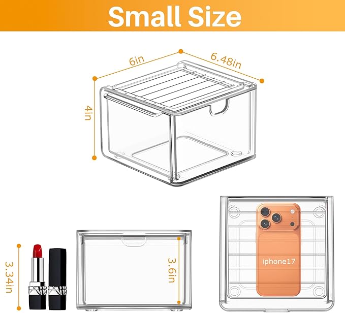 caktraie 6 Pack Small Clear Stackable Acrylic Storage Boxes for Art Tool & Sketch, Stroage Drawers, Makeup Organizer, Plastic Storage Bins For Vanity, Kitchen Cabinets, Pantry, Home Organization