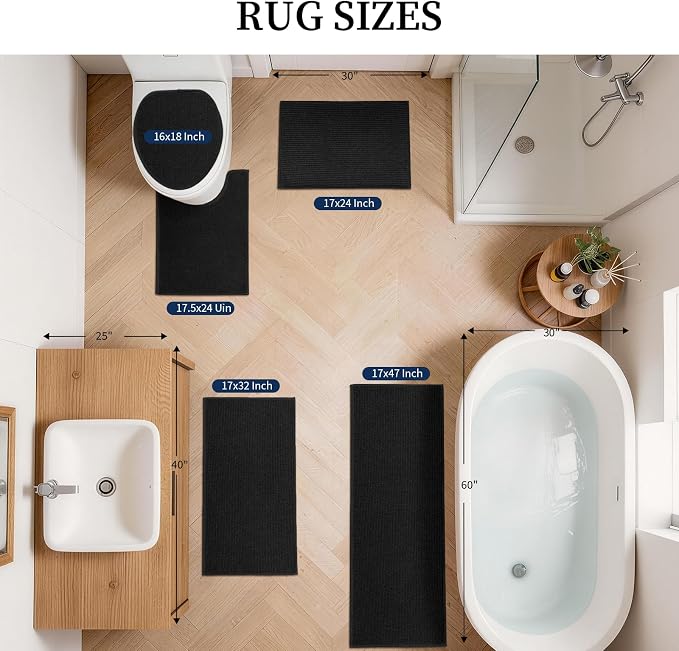 YIHOUSE Black Bathroom Rugs Sets 5 Piece, Quick Dry Thin Bath Mat with Toilet Rug, Non Slip Absorbent Machine Washable, Bath Runner Rugs for Bathtub Sink Home Decor