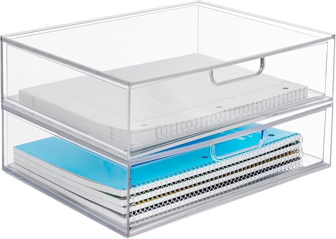 STORi STAX Plastic Stackable Organizer Drawers (Set of 2) Clear | 12.5" Wide | Set Includes Two Open Drawer | Organize Office Desk Accessories & Sort Paper | Made in USA