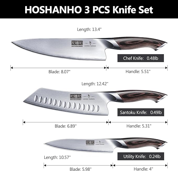 HOSHANHO 3 Pieces Knife Set, Professional Japanese Kitchen Knife Set | Ultra Sharp Japanese High Carbon Stainless Steel Chef Knives Sets with Ergonomic Pakkawood Handle
