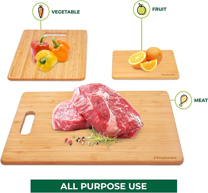 Freshware Bamboo Cutting Board Set of 3, Wooden Cutting Boards for Kitchen, Knife Friendly Food Grade Chopping Board, Lightweight with Hanging Hole for Easy Storage
