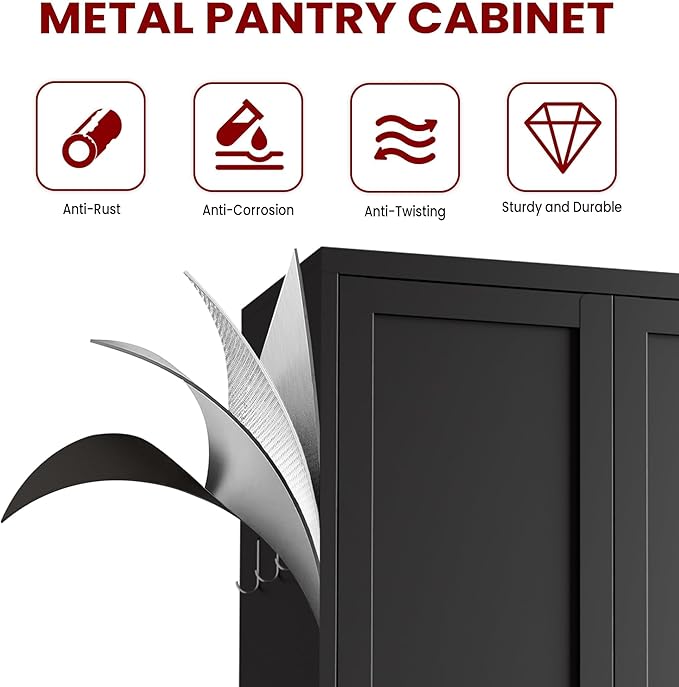 AQY Metal Pantry Cabinet, 61" Black Kitchen Storage Cabinet with Doors | 4 Adjustable Shelves Freestanding Storage Metal Cabinet Kitchen & Living Room Organization
