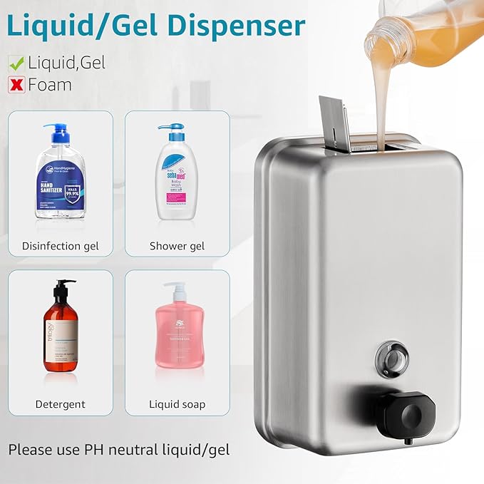 Commercial Wall Mount Soap Dispenser - Stainless Steel Bathroom Hand Soap 38.8oz Liquid - Anti-Leak Pump and Large Capacity Brushed Refillable