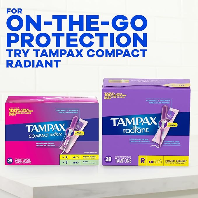 Tampax Radiant Tampons for Women Multipack,with LeakGuard Braid,Regular/Super/Super Plus Absorbency,Unscented,112 Count (Pack of 2)