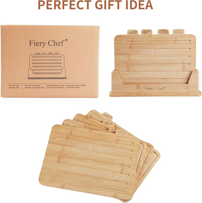 4 Piece Bamboo Cutting Boards with Food Icons & Stand, 14.56"L x 11"W | Thick & Durable, Deep Juice Groove, Non Toxic Real Wood, knife-friendly, Chopping Boards Set of 4 with Sturdy Holder