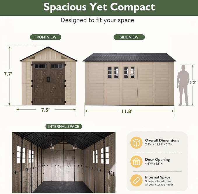 Aoxun 8x12 Ft Outdoor Storage Shed with Lighe & Floor, Large Resin Outdoor Shed with Lockable Door & Windows, Garden HDPE Sheds for Lawn Tools, Pool Supplies & Bikes