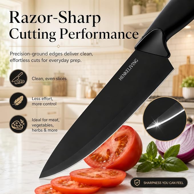 19-Piece Black Kitchen Knife Block Set with Built-in Sharpener | Dishwasher safe, German high-carbon stainless steel blades, ultra-sharp edges, ergonomic non-slip handles