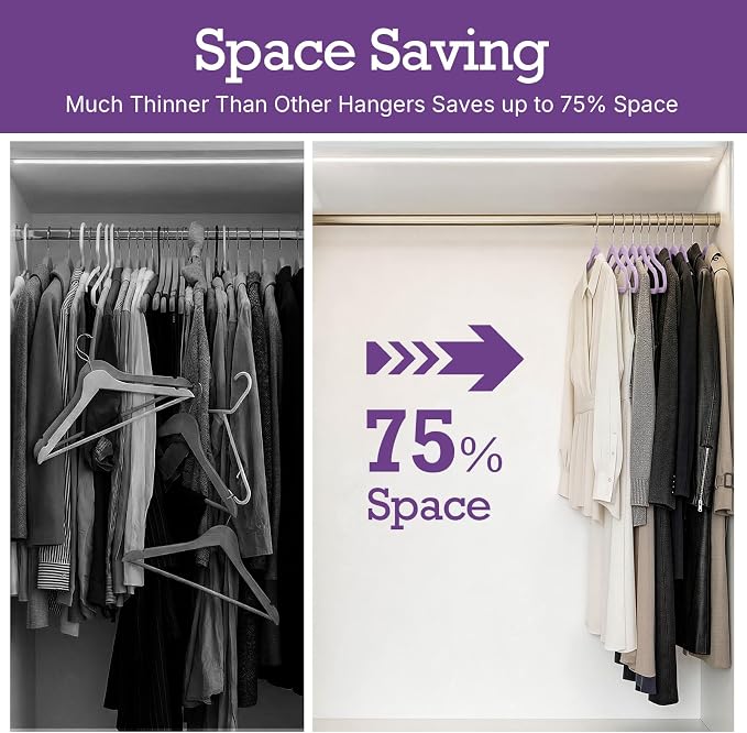 HOUSE DAY Lt-Purple Velvet Hangers 60 Pack, Non Slip Clothes Felt Hanger Heavy Duty for Coat, Premium Slim Space Saving Suit Hangers for Closet Organizer, 360° Rotating Silver Hook
