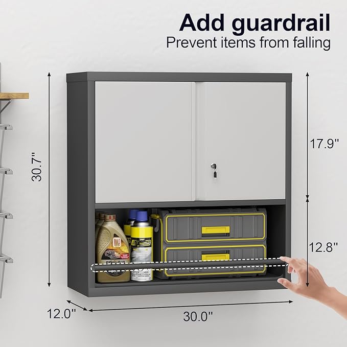 GREATMEET 31" H Metal Garage Storage Cabinets with Doors and Shelves, Lockable Storage Cabinet with Lock, Hanging Cabinets for Wall, Wall Mount Cabinet for Utility Room, Black&Grey