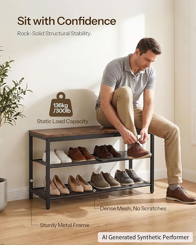 HOOBRO Shoe Bench, 3-Tier Shoe Rack, Industrial Shoe Organizer Storage Bench, 29.5 inches Entry Bench with Mesh Shelves, for Entryway, Living Room, Hallway, Easy Assembly, Rustic Brown BF75HX01