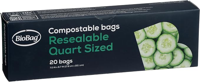 BioBag 100% Certified Compostable Resealable Food Storage Bags, 20 Count, Quart, Perfect for Refrigerator