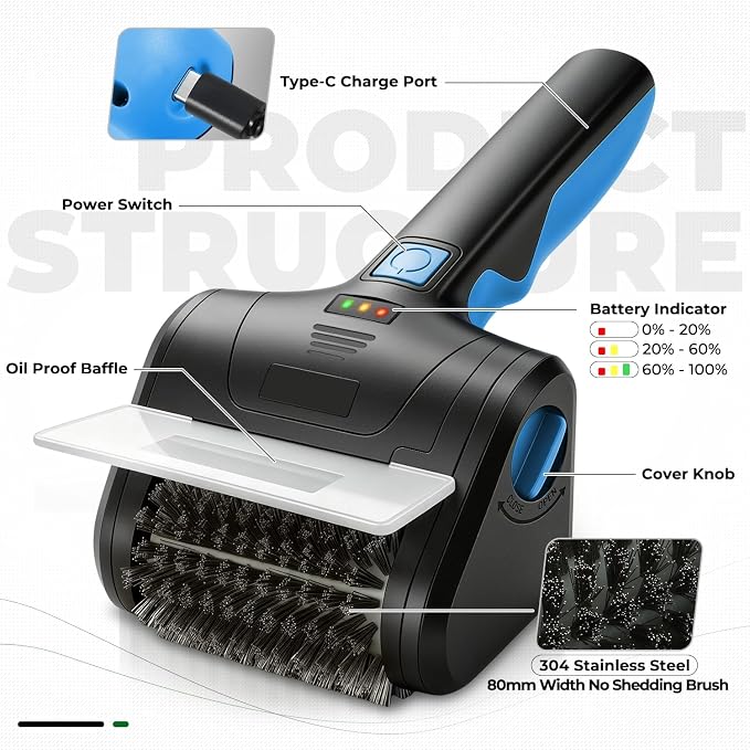 Auto Dynasty Cordless Electric Grill Brush, 304 Stainless Steel BBQ Brush with Rotating Scrub Head, Rechargeable, Type-C Fast Charging for Gas/Charcoal/Outdoor Grill, Blue/Black
