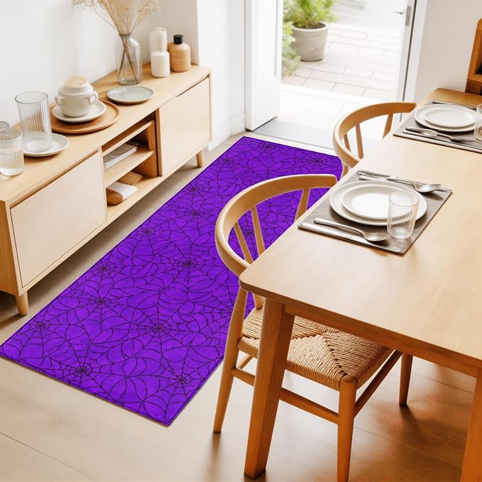 Hallway Runner Rug 2'x6', Purple Halloween Washable Bathroom Area Rugs for Kitchen Bedroom Laundry, Black Spiders Net Classic Gingham Non Slip Door Mat Indoor Entrance Floor Throw Bedsides Carpet