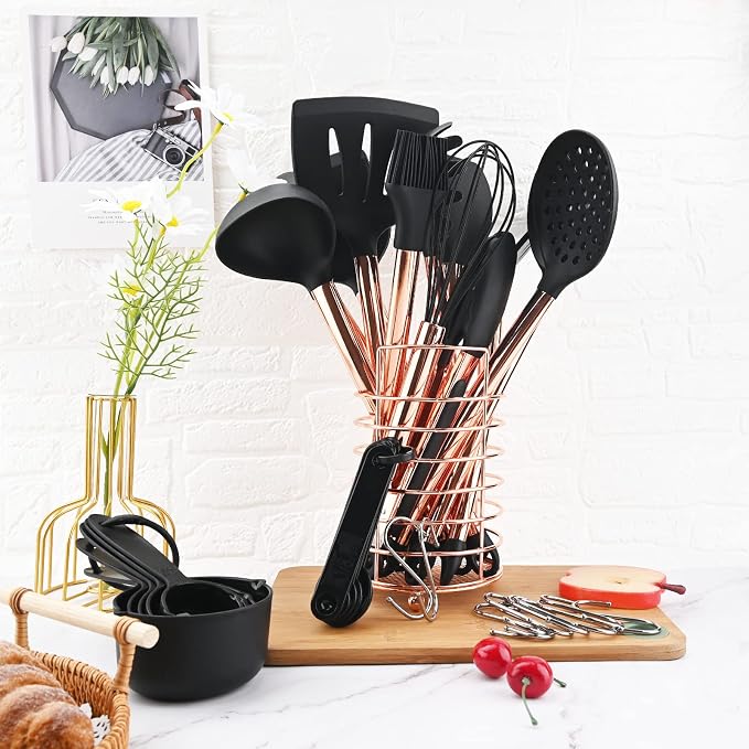 1-Piece Rose Gold Utensil Holder for Kitchen Counter, Stainless Steel Cooking Utensil Holder, Kitchen Utensil Organizer