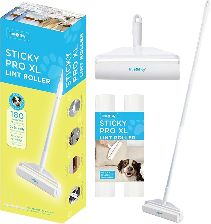 True & Tidy StickyPro XL Lint Roller Value Set with 2 Lint Roller Refills, Heavy-Duty Durable, Adjustable Handle Works Great on Pet Hair, Clothing, Furniture and More, 180 Sheets Total, Refillable