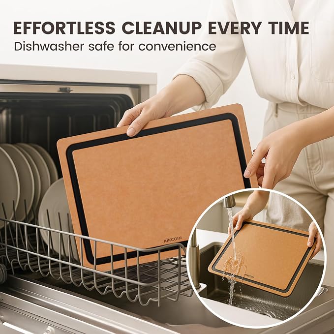 Kikcoin Wood Cutting Board Set of 3, Cutting Boards for Kitchen with Holder Dishwasher Safe Non-slip Chopping Board with Juice Groove, Wood Fiber Composite Cutting Boards