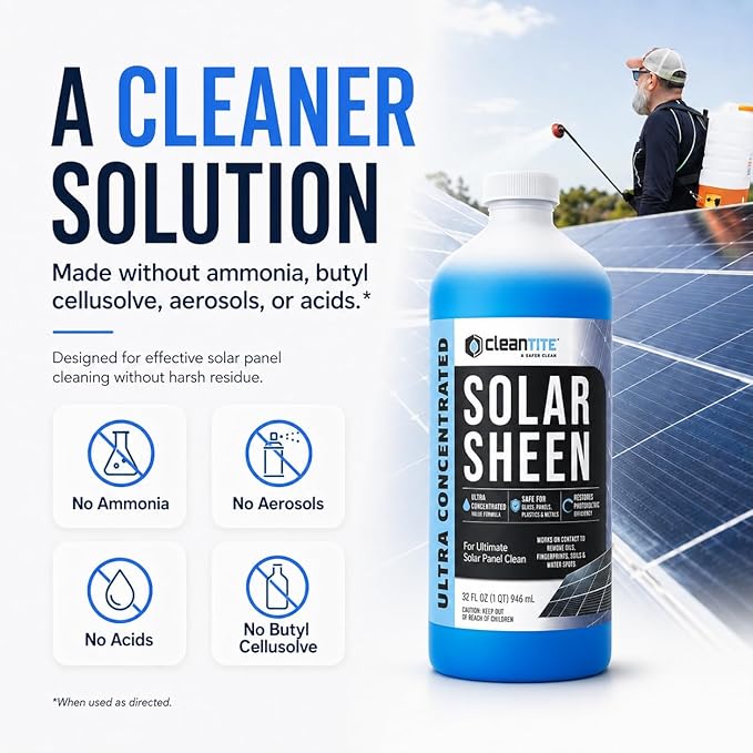 Solar Panel Cleaner 32 Oz (Makes 128 G) - Super Concentrated Cleaning Solution for Glass, Metal, Wood & Plastic - Remove Oil, Fingerprint & Water Spots - Multipurpose Solar Panel Cleaning