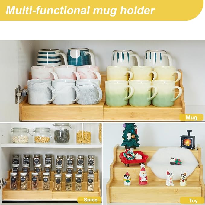 Hongtamoya 3-Tier Expandable Bamboo Mug Holder For Countertop Coffee Cup Holder Display Mug Organizer Mug Rack for Coffee Bar Organizer Mug Shelf for Cabinet for Kitchen, Home