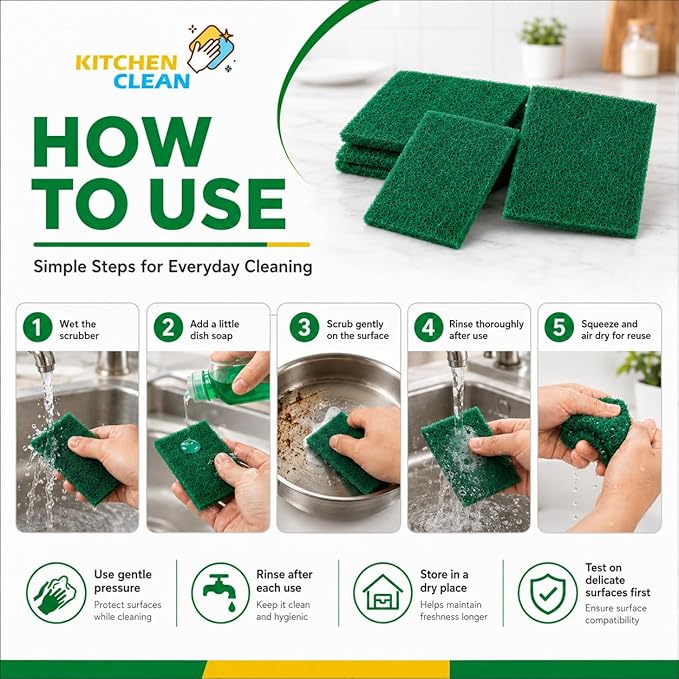 ™ 10 Pcs Small Kitchen Scrub Pads | Dish wash Scrubber | Non Scratch - Durable - Long Lasting | Clean Shine Brite Utensils Scrub Pads (Green, Small 3x4 inch, Pack of 10 Pcs)