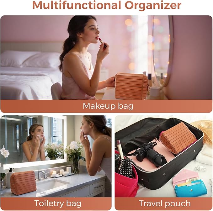 Travel Makeup Organizer Bag with Fold-Down Design and Adjustable Dividers, 27 Pockets & 3 Brush Storage Holders, Large Capacity Cosmetic Bags Toiletry Case - Brown