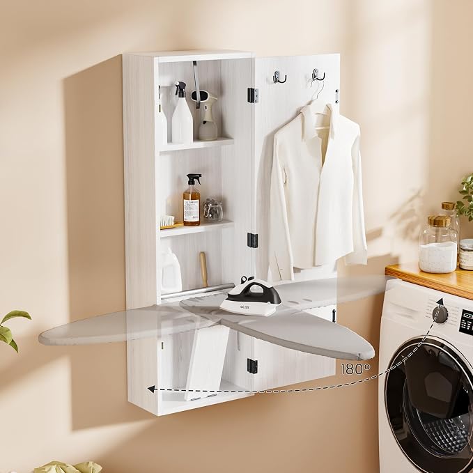 Wall Mounted Ironing Board Cabinet with Storage, White | Folding Ironing Board Cabinet with 180° Swivel Heat-Resistant Cover Pad for Laundry Room Apartment Small Space, Space-Saving