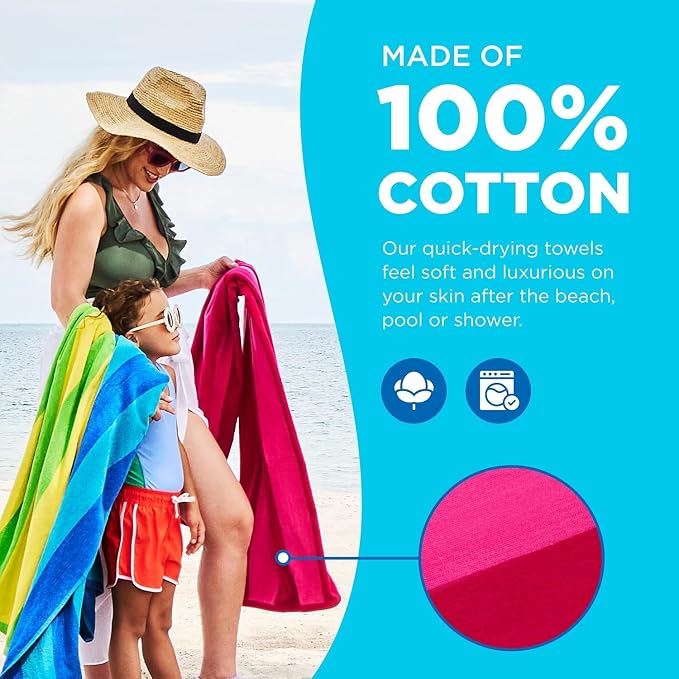 Kaufman - Soft Oversized Beach Towels in Bulk | 30" x 60" Velour Striped Beach Towel | Absorbent, Quick-Drying | 100% Cotton Thick Beach Towels (24)