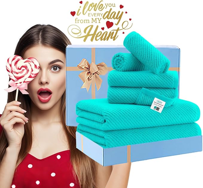 VOOVA & MOVAS 6PC Towel Set, 100% Cotton, Turquoise | 2 Large Bath 30x56 In, 2 Thick Hand 18x28 In, 2 Absorb Washcloths 13x13 In, Quick Dry, Thick, Luxury Gift Set