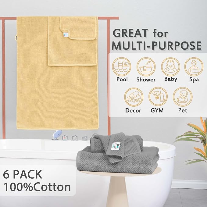 VOOVA & MOVAS 6PC Towel Set, 100% Cotton, Grey Yellow | 2 Large Bath 30x56 In, 2 Hand 18x28 In, 2 Washcloths 13x13 In, Soft, Quick Dry, Thick, Bath Towels With Hanging Loop