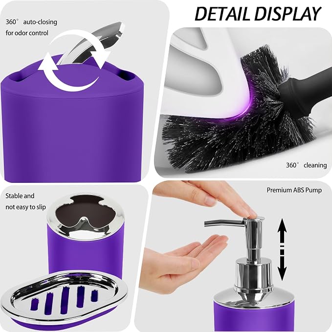 Lnond Purple Bathroom Set, 23-Piece Purple Black Geometric Bathroom Decor Set with with Shower Curtain and Rugs, Trash Can, Toilet Brush Holder Set & Soap Dispenser