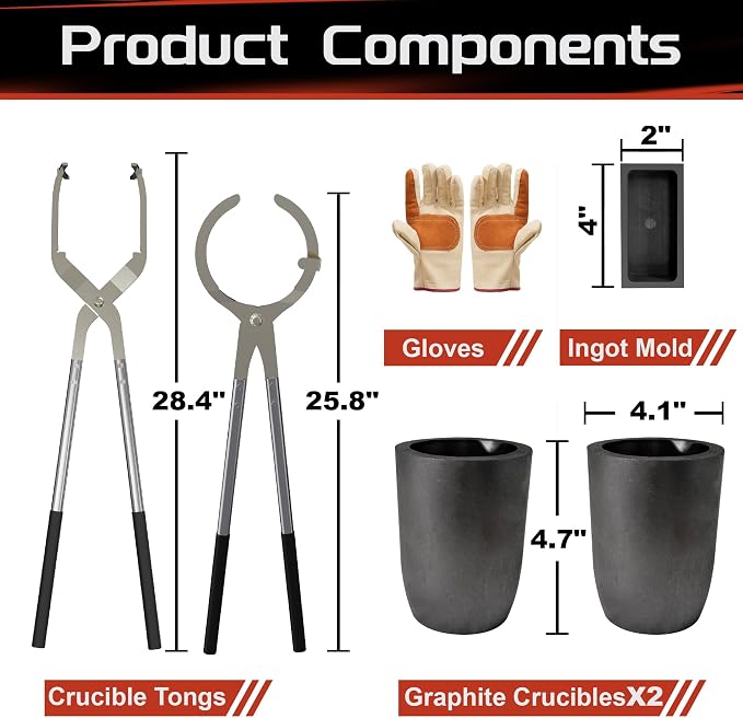Nelyrho #3 (6.6lbs-3kg) Crucible Tongs Set Pro for Melting Metal Casting | Includes lifting and pouring tongs, 2 graphite crucibles, Ingot mold and gloves for metal melting, casting and jewelry making