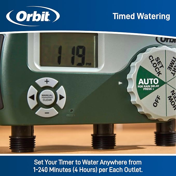 Orbit Programmable Digital Hose Watering Timer - 3 Outlet - Battery Powered - with LCD Screen - Built-in Rain Delay - Water-Resistant - 56082 (Pack of 4)