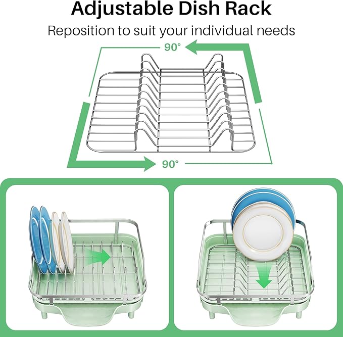 SNTD Dish Drying Rack, Expandable Dish Rack for Kitchen Counter, Stainless Steel Dish Drainer with Drainboard Set and Utensil Holder (Green)