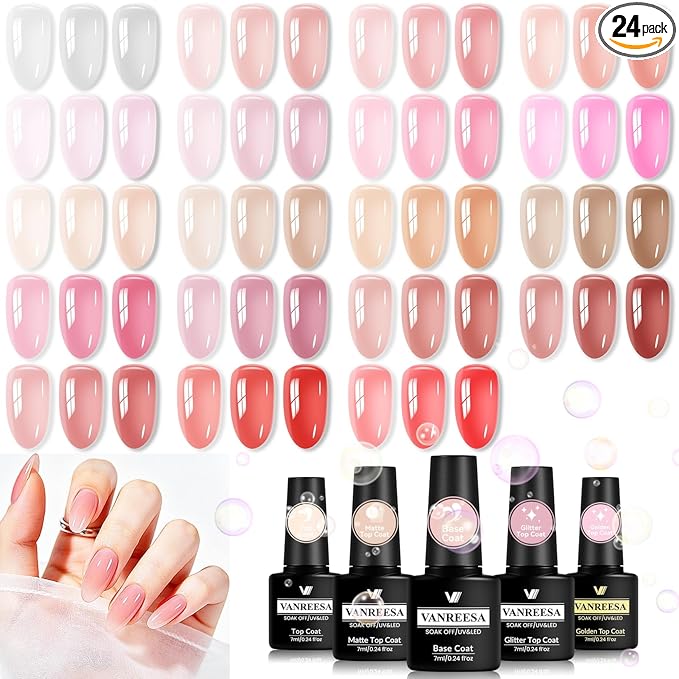 VANREESA 24Pcs Jelly Gel Nail Polish Set -Soft Nude Milky White Pink Red Brown Jelly Translucent Gel Polish Colors with Base Coat 4 Top Coats Neutral Colors All Seasons Nail Polish Set Gifts for Women