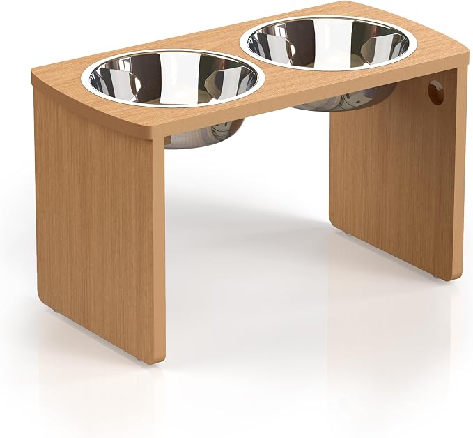 Elevated Dog Bowls, Waterproof Raised Dog Bowl for Medium & Large Dogs, HIPS Poly Lumber Stand with 2 Stainless Steel Bowls (HIPS Poly Lumber, Teak-Color)