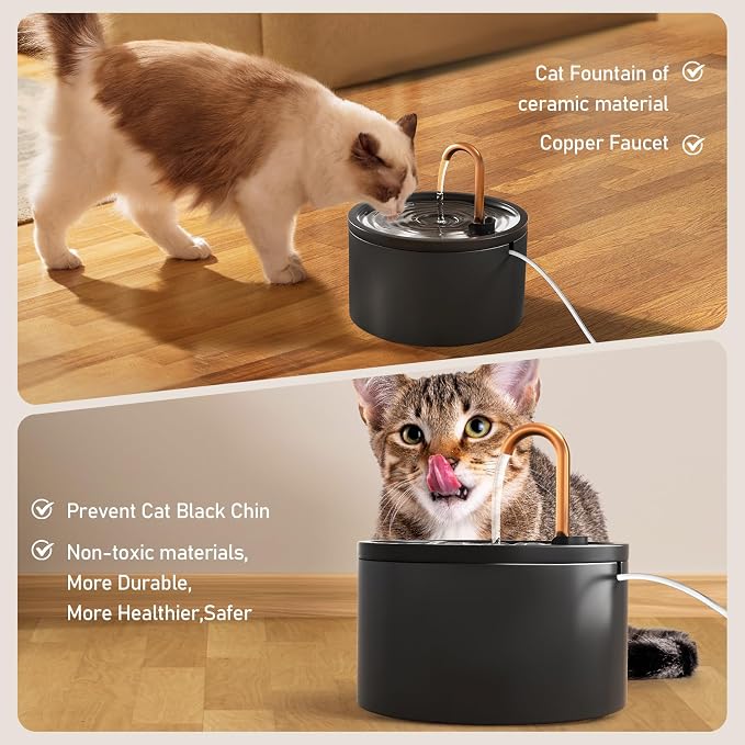 DOOOB Ceramic Cat Water Fountain 2.1L/71oz Ceramic Cat Fountain | Automatic Ceramic Water Fountain for Cats Pet Water Fountain with Ultra-Quiet Pump and 3 Filters & 3 Sponges (Black)