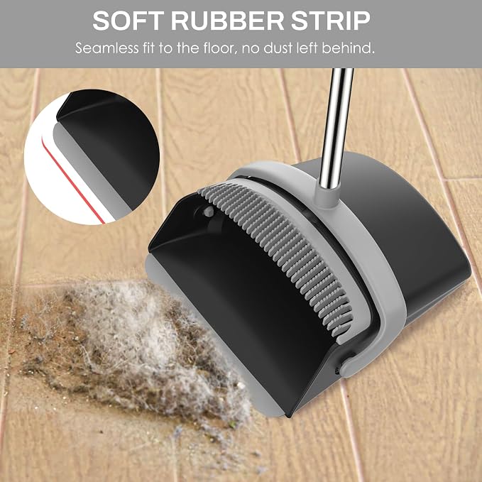 Broom and Dustpan Set for Home, 51-in Long Adjustable Handle Angle Broom and Dustpan Combo Set with Dust Pan Teeth to Clean Hair for Home Kitchen Office Lobby Floor Garden (Black&Grey)