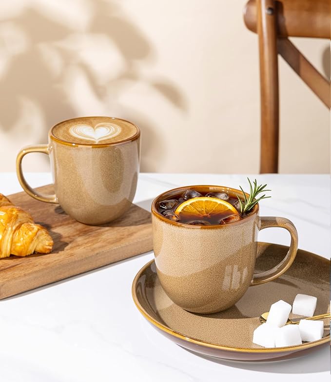LERATIO Ceramic Coffee Mugs Set of 6,12oz Handmade Coffee Mugs Set | Large Handle for Cappuccino/Latte/Tea/Hot Cocoa,Oven &Dishwasher & Microwave Safe-Chestnut