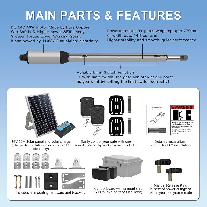 X X-HOUSE C05 Automatic Gate Opener with Solar Panel & Batteries for Light to Medium Duty Dual Swing Gates Up to 770lb per Arm Electric Gate Opener with 2 Remotes Complete Kit Solar Powered