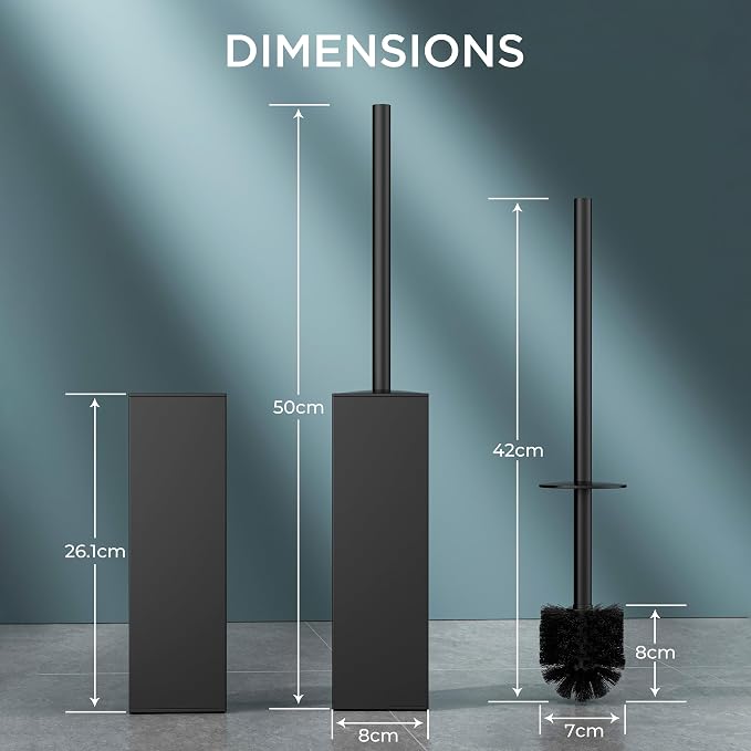 FORIOUS Tall Toilet Brush and Holder Set, Heavy Duty 304 Stainless Steel Base Square and Long Handle for Bathroom Deep Cleaning, Drip-Proof, Space Saving for Storage, 2 Toilet Bowl Brush Head, Black