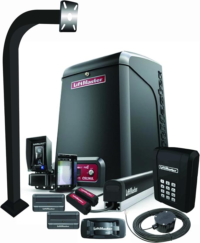 LiftMaster CSL24ULWK-MC Commercial Slide Gate Operator Kit – High-Traffic, 24VDC Motor, Battery Backup, myQ® Enabled – Includes 811LM, KPW250, 828LM, LMRRUL, CP4, S505AL, & LA Ornamental Pedestal