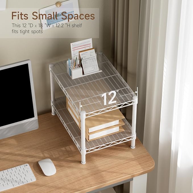 Golpart Small 2 Tier Shelves Storage Wire Shelving Unit Metal Shelf Adjustable Organizers Storage Shelving with Wheels for Bathroom Laundry Room Kitchen Pantry11.7”D x 17.7”W x 12.2”H White
