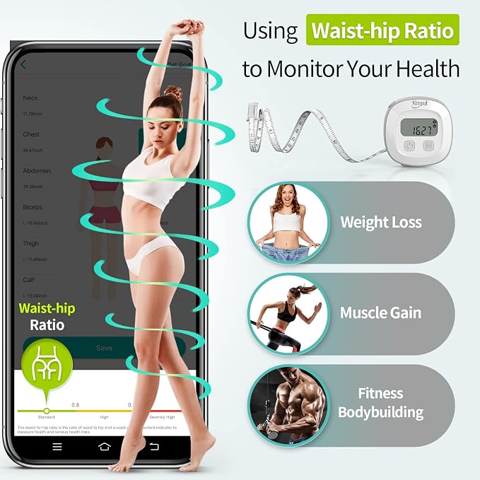 Slimpal Body Tape Measure with Case, Tool for Monitoring Body Fat, Measuring Tape for Body, Digital Smart Retractable Measuring Tape for Accurately Measuring BMI Fitness Body Shape and Weight-Loss